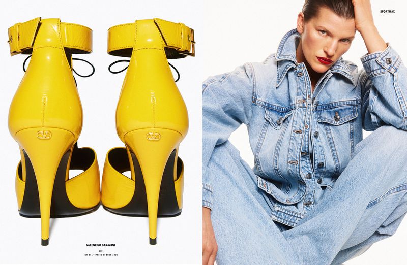 Fashion editorial shot featuring a model wearing a denim jacket and light blue jeans alongside a pair of yellow Valentino Garavani high heels.