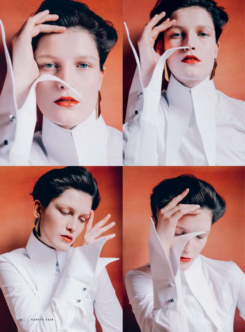 Four-panel portrait of a model in a white high-collar shirt against a vivid orange backdrop, blending fashion and editorial aesthetics.