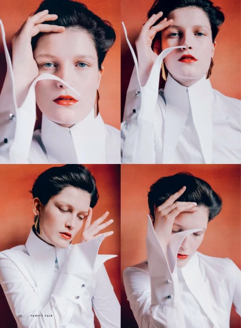 Four-panel portrait of a model in a white high-collar shirt against a vivid orange backdrop, blending fashion and editorial aesthetics.