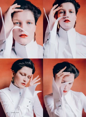 Four-panel portrait of a model in a white high-collar shirt against a vivid orange backdrop, blending fashion and editorial aesthetics.