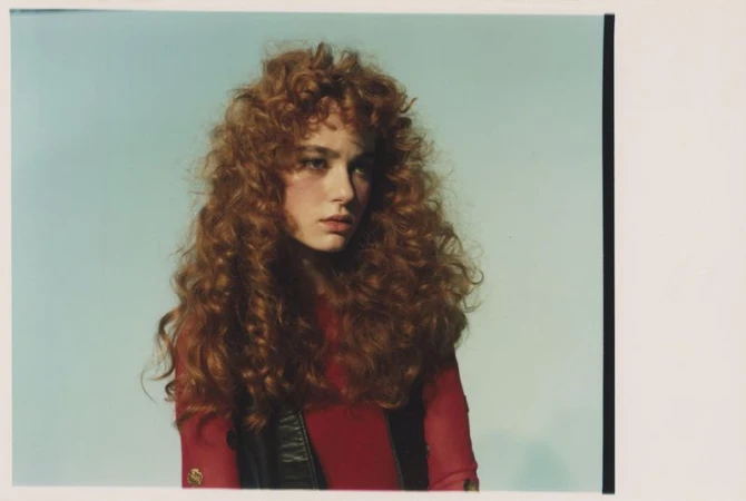 Portrait of a young woman with voluminous curly red hair wearing a red top and dark vest against a light blue background.