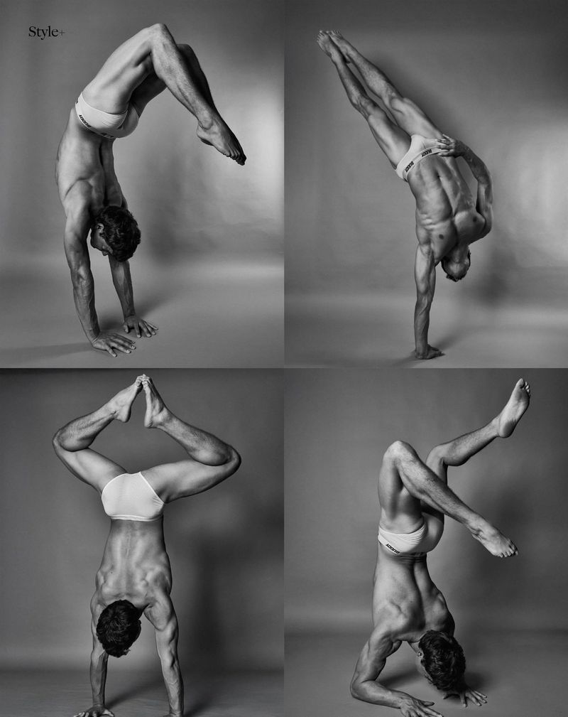 Four images of a shirtless adult male performing acrobatic handstands in a photo studio with a plain gray background in black and white.