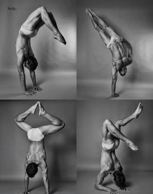 Four images of a shirtless adult male performing acrobatic handstands in a photo studio with a plain gray background in black and white.