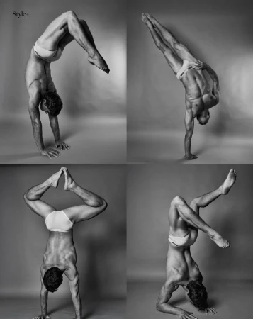 Four images of a shirtless adult male performing acrobatic handstands in a photo studio with a plain gray background in black and white.