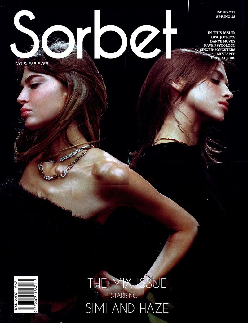 Sorbet magazine cover featuring Simi and Haze with black tops and bold necklaces against a dark backdrop, editorial fashion photography.