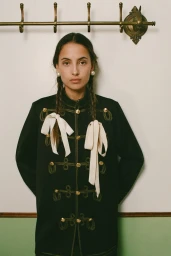 Model with braided hair wearing a black embroidered military jacket with white ribbon bows against an off-white wall