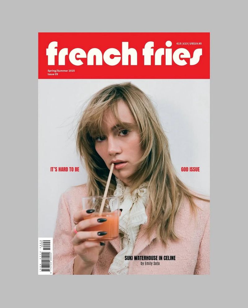 Magazine cover featuring Suki Waterhouse in Celine holding a drink with a straw, set against a clean, neutral background.