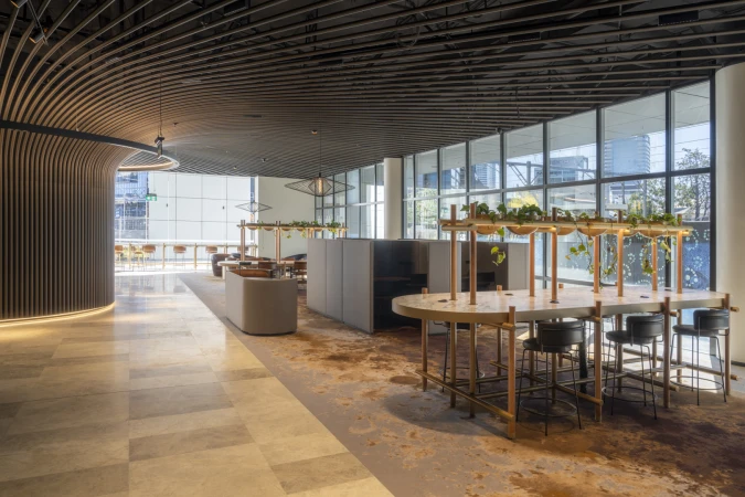 Interior of a modern office lounge area with sleek furniture, hanging plants, and large windows overlooking a city skyline.