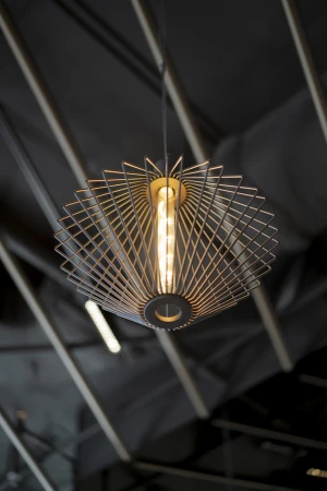 Geometric metal wire-frame pendant light fixture with an exposed edison bulb hanging indoors against a dark grey ceiling.