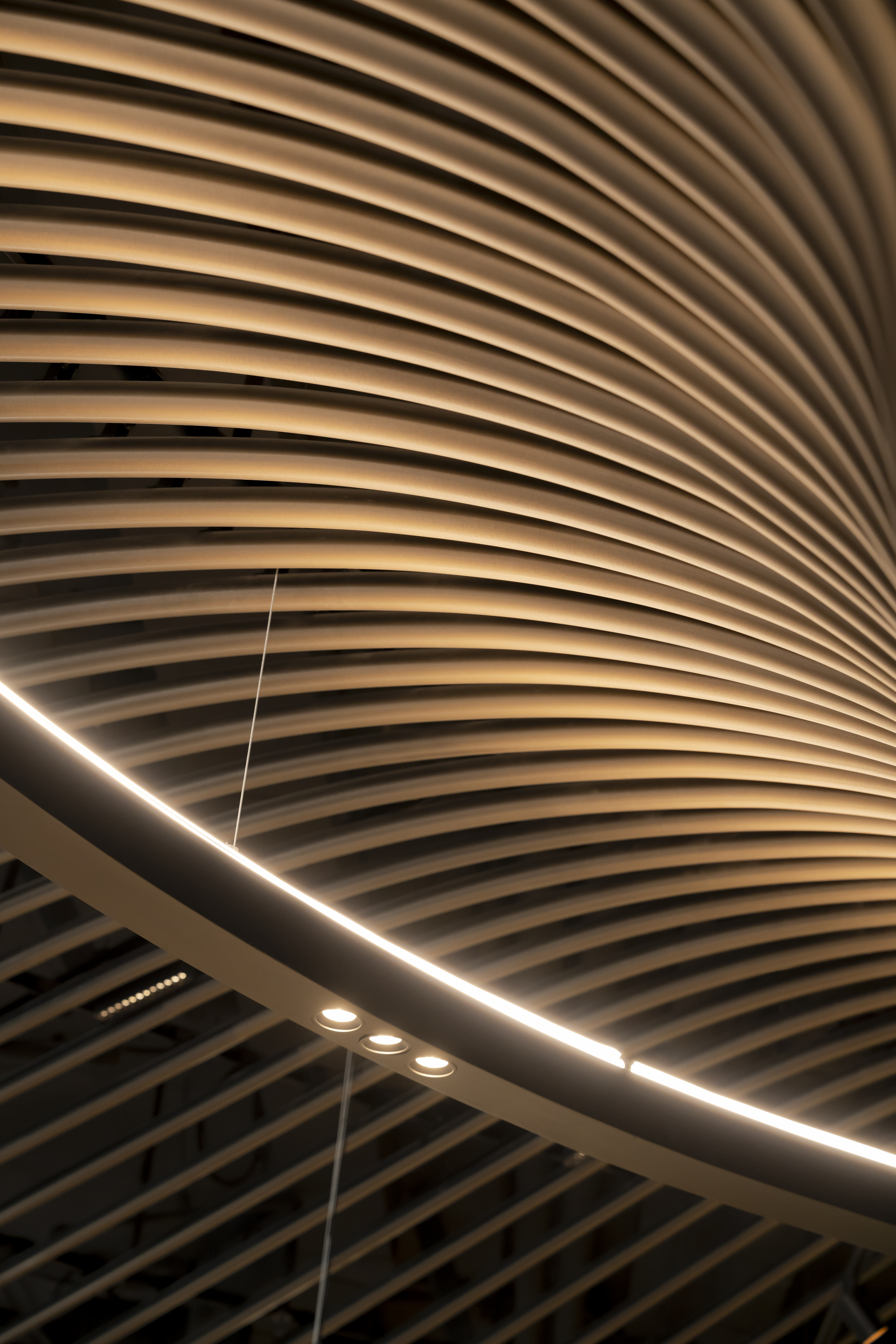 Abstract architectural detail featuring a wooden slat ceiling with embedded lighting, creating a warm, inviting ambiance.