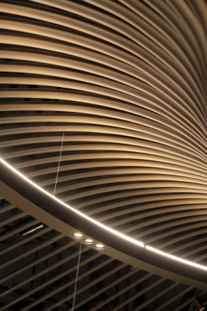 Abstract architectural detail featuring a wooden slat ceiling with embedded lighting, creating a warm, inviting ambiance.