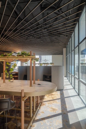 Modern commercial office interior with custom wooden sloped ceiling and large floor to ceiling windows casting diagonal shadows.