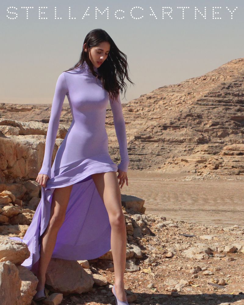 Fashion shot of a woman in a long sleeve lilac dress posing on rocks in a desert landscape. The image is an ad for Stella McCartney.