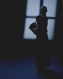 Silhouette of a woman standing against a brightly lit window, holding a leather handbag for the Léo et Violette Bleu Nuit project