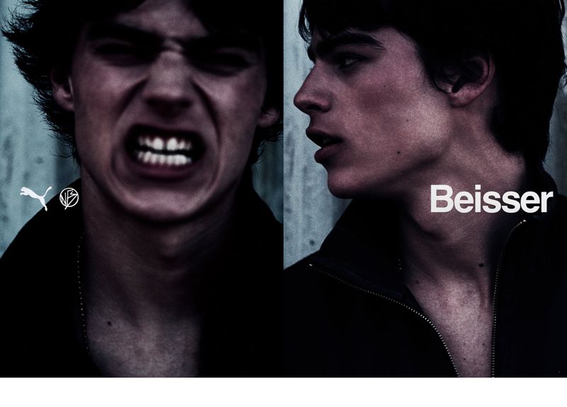 Fashion advertisement featuring a young adult male. One side shows an angry face and the other side shows a calm profile.