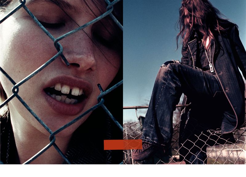 Split screen fashion shot: woman's face behind fence and a woman sitting on fence in jeans and jacket against blue sky.
