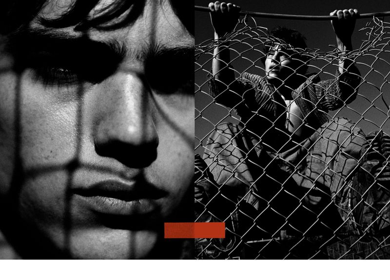 Split-screen monochrome portrait of a young adult, face close-up on left, partially obscured by wire mesh on the right.