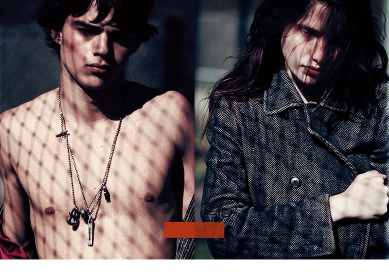 Split portrait of a shirtless adult male with necklaces contrasted with an adult female in a patterned gray coat, neutral expression.