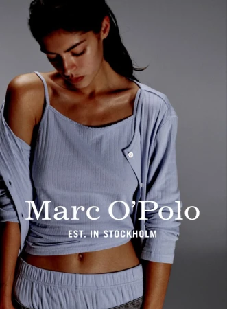 Close-up studio shot of a woman wearing a light-blue ribbed tank top and shorts, with a matching cardigan. Text overlay: Marc O'Polo.