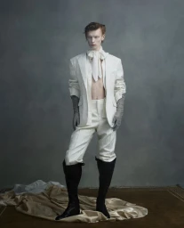 Model in white suit jacket and trousers with tall black boots standing against a textured grey background