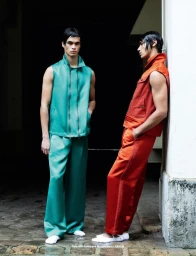 Two male models in matching sleeveless outfits, one in turquoise and one in red, posing in a stone archway.