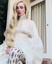 Kim Petras wearing a white ruffled Victorian-style blouse and patterned trousers outdoors near a building exterior.
