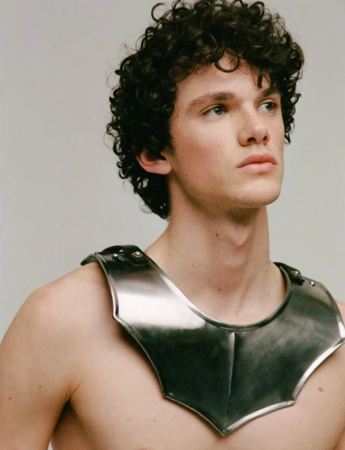 Portrait of a young adult male with curly dark hair wearing a metallic collar, set against a neutral backdrop in an indoor setting.