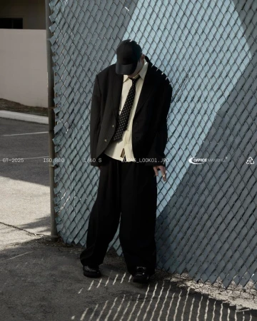 A person in an oversized black suit and baseball cap stands against a blue chain-link fence, shadows adding texture and depth to the shot.