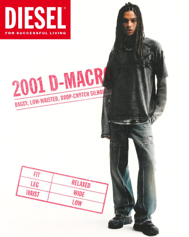 Fashion shot: man in Diesel T-shirt and baggy jeans. Casual pose, white backdrop, Diesel logo at the top. Modern youth style.