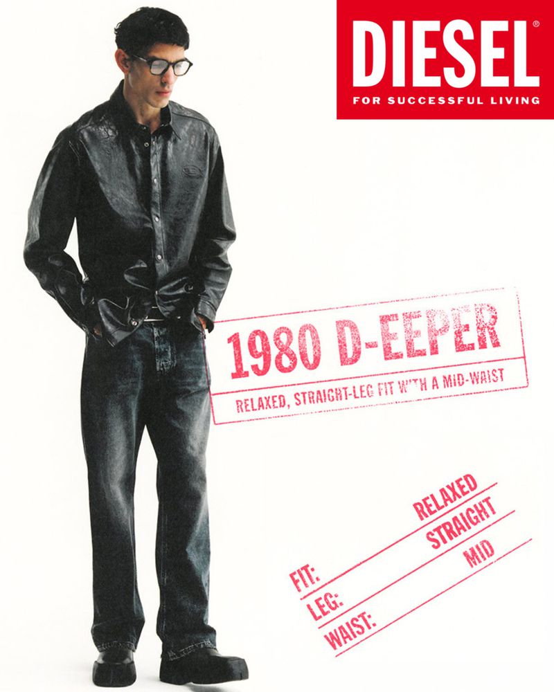 An adult male poses in dark jeans and a shirt against a white backdrop with Diesel brand text and style descriptions.