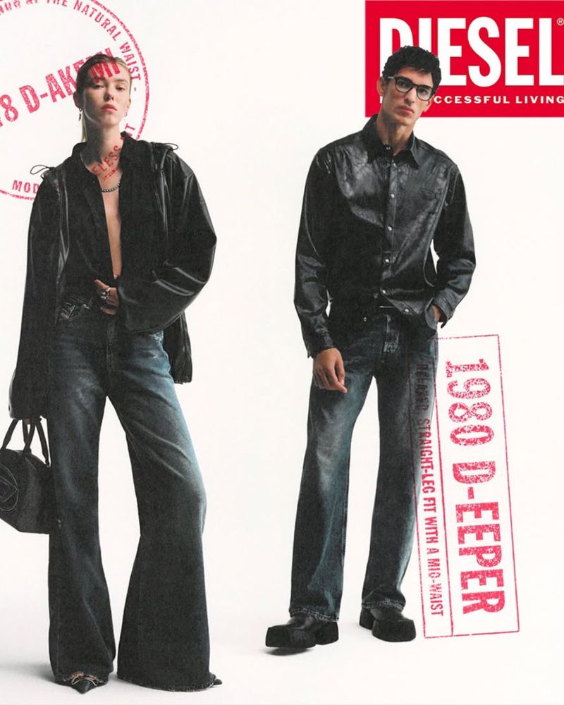 Diesel ad featuring a woman in a black jacket and wide-leg jeans with a black bag and a man in a black shirt and straight-leg jeans.