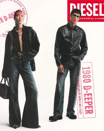 Two models wearing black shirts and denim jeans against a plain white background with red graphic stamps