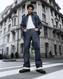 Model standing on a city street wearing a denim shirt, white t-shirt, and dark jeans against an ornate building exterior.