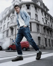 Low angle shot of a male model in denim jacket and jeans walking on a city street in front of a classical building.