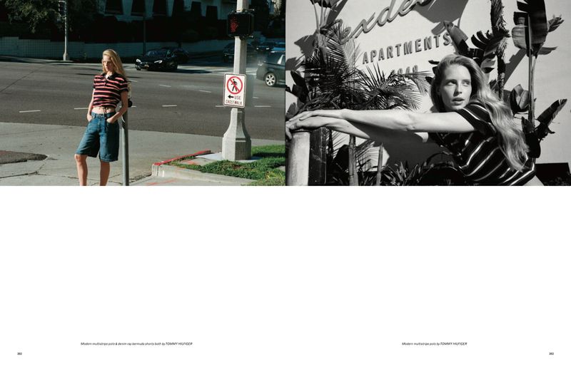 Fashion shot featuring a woman in a striped top and denim shorts on a city street, juxtaposed with a black and white portrait.