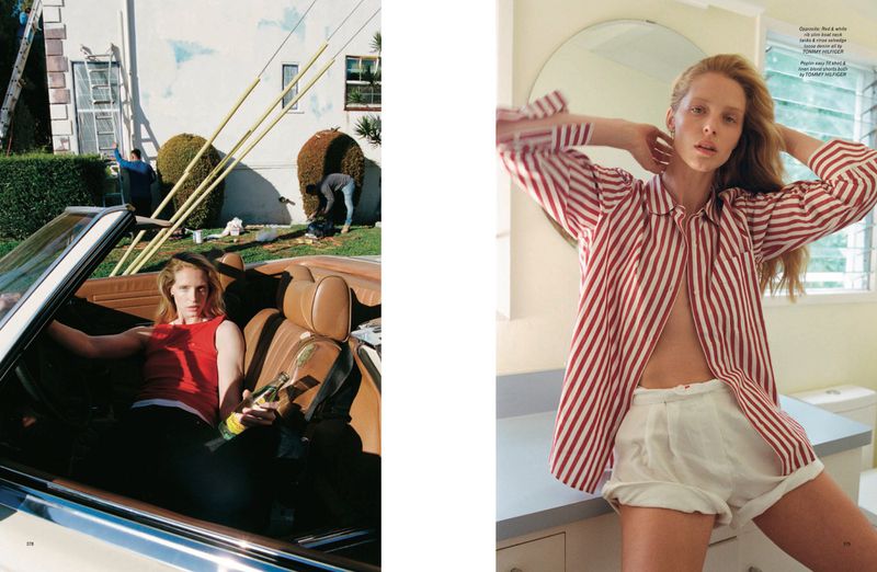 Editorial fashion split image: fair-skinned woman in car wearing red top, and fair-skinned woman in striped shirt in a bathroom.