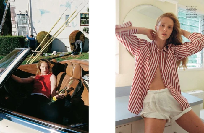 Editorial fashion split image: fair-skinned woman in car wearing red top, and fair-skinned woman in striped shirt in a bathroom.