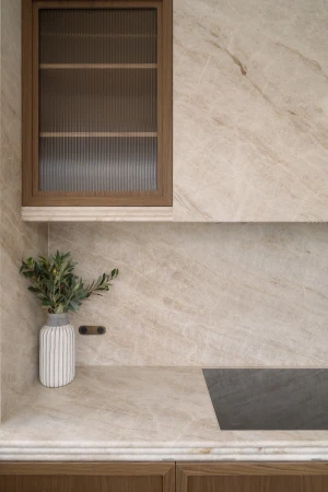Close-up of a kitchen counter with a vase of green plants next to the stovetop, with marble backsplash and a wooden cabinet.