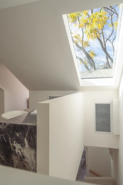 Interior view of a modern home features a window view of a tree with yellow leaves. The room is painted in white with marble details.