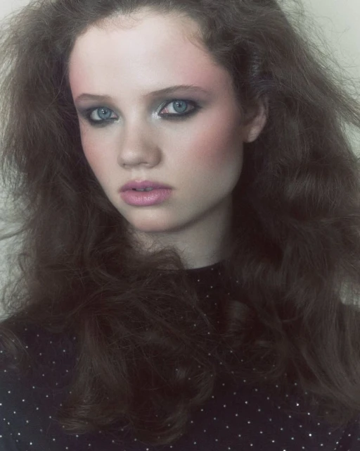 Portrait of a young woman with curly brown hair and grey eyes, wearing a black top with dots against a neutral background.