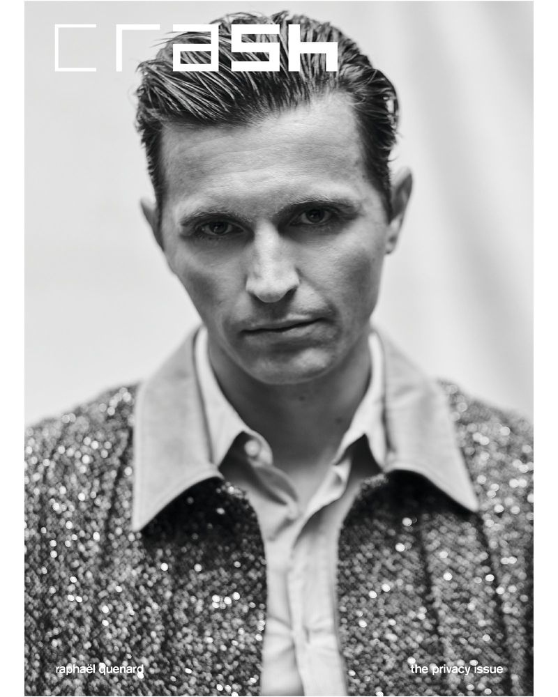 Black and white portrait of a man wearing a sequined jacket on the cover of Crash magazine, 'The Privacy Issue'.