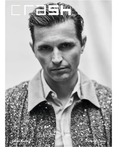 Portrait of actor Raphaël Quenard in a textured jacket and collared shirt for Crash Magazine, photographed in monochrome.