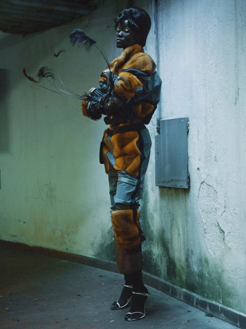 A Black woman in a furry, patchwork fashion outfit stands in a corner with concrete walls holding feathered stalks for a surreal fashion statement.