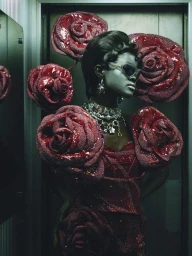Model wearing a heavily embellished red rose costume and statement jewelry in an elevator
