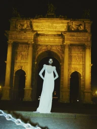 Model wearing a long white gown standing in front of an illuminated classical stone archway at night.