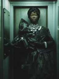 Model wearing a heavily embellished necklace and dark leather jacket holding a helmet inside an elevator