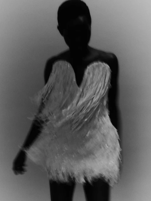 Black and white portrait of a woman in a feathered dress with blurred motion against a light background. Fashion and portrait photography.