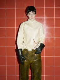 Model Brooke Gabel in a cream shirt and olive trousers wearing black leather gloves against a red tiled wall.
