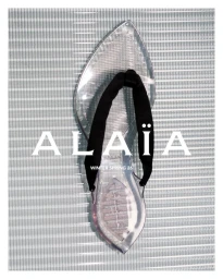 Clear transparent sandal with a black thong strap positioned vertically against a textured grey linear background.