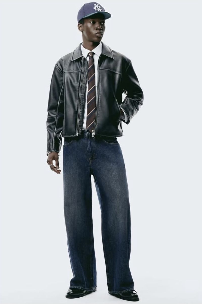 Man posing in a black leather jacket, white collared shirt, tie, jeans, and baseball cap against a white backdrop in a studio setting.